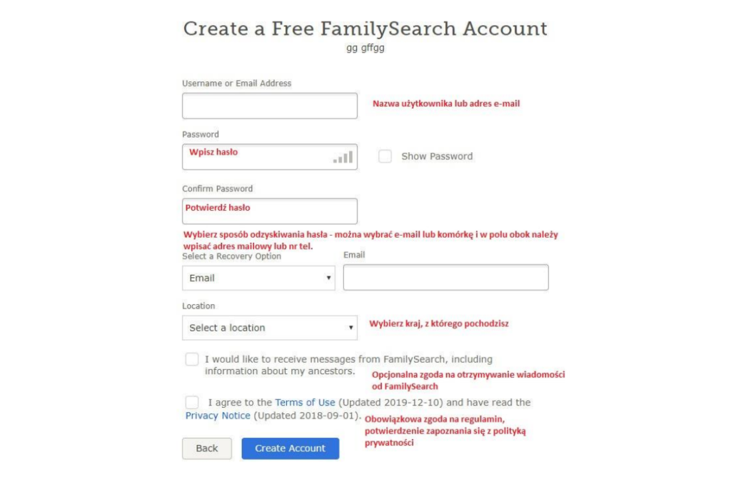 Konto użytkownika FamilySearch tworzenie