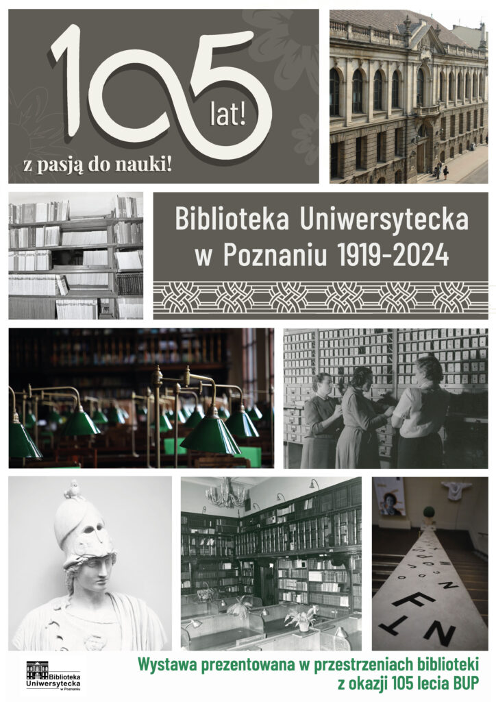 W prostokątnym polu zestawienie zdjęć czarno-białych i kolorowych. Widok na gmach biblioteki, regały, katalog ze stojącymi bibliotekarkami, czytelnia z widokiem z perpektywy zielonych lamp na stołach czytelniczych, popiersie Ateny, Czytelnia Profesorska. Fragment balustrady głównej klatki schodowej z widokiem na wystawę.