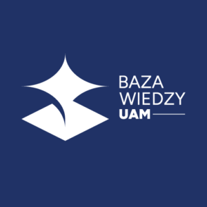 Biały geometryczny kształt przypominający stylizowaną gwiazdę nad przechylonym kwadratem na ciemnoniebieskim tle. Po prawej stronie napisany na biało tekst „BAZA WIEDZY UAM”.