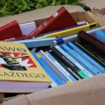 Tekturowe pudełko wypełnione różnymi książkami, głównie z kolorowymi okładkami i po polsku. Wybitna książka na górze ma żółtą okładkę i czyta PRAWO dla KAŻDEGO z ilustracją młotka.