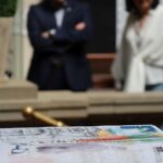 Zbliżenie kolorowego, ilustrowanego dokumentu oraz niebieskiego długopisu położonego na kamiennej półce, na tle rozmazanych postaci stojących ze skrzyżowanymi ramionami i rozmawiających w pomieszczeniu.