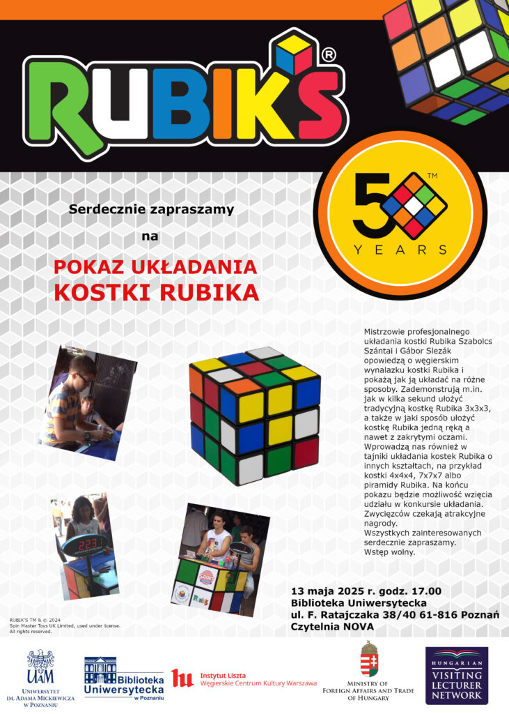 Plakat z okazji 50. rocznicy Kostki Rubika, zawierający obrazy kostek, informacje o wydarzeniu i loga. Wydarzenie odbędzie się 13 maja 2024 r. w bibliotece w Poznaniu w Polsce.