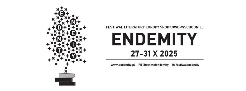 Logo Festiwalu Literatury Europy Środkowo-Wschodniej Endemity, przedstawiające ułożone w stos książki i drzewo z liter END i EMYTY, z datami wydarzeń 27-31 października 2025 r. Zawiera ikony strony internetowej i mediów społecznościowych.