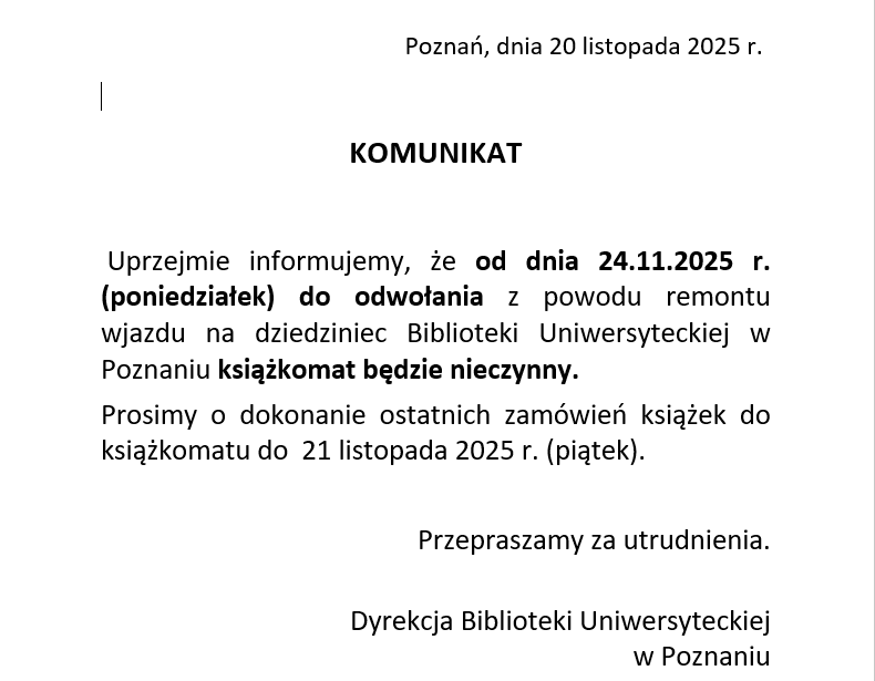 Komunikat o zamknięciu książkomatu od dnia 24.11.2025