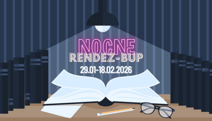 Ilustracja otwartej książki na biurku z okularami, długopisem i papierem. W tle półki z książkami i lampka biurkowa. Tekst mówi: Nocne Rendez-Bup 29.01-18.02.2026.