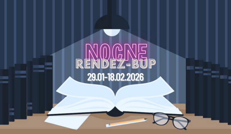 Ilustracja otwartej książki na biurku z okularami, długopisem i papierem. W tle półki z książkami i lampka biurkowa. Tekst mówi: Nocne Rendez-Bup 29.01-18.02.2026.