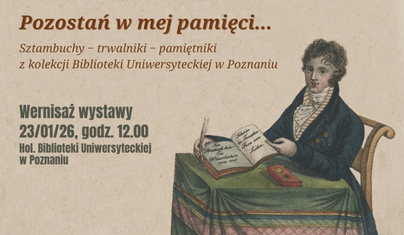 Ilustracja w stylu vintage przedstawiająca siedzącą osobę piszącą w książce, ze szczegółami wystawy w języku polskim na temat książek z autografami i pamiętników z Biblioteki Uniwersyteckiej w Poznaniu oraz datą i miejscem wydarzenia.