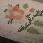 Zbliżenie starej strony książki przedstawiającej haftowany kwiat w odcieniach brzoskwini, kremu i zieleni, otoczony odręcznym tekstem napisanym kursywą brązowym atramentem.