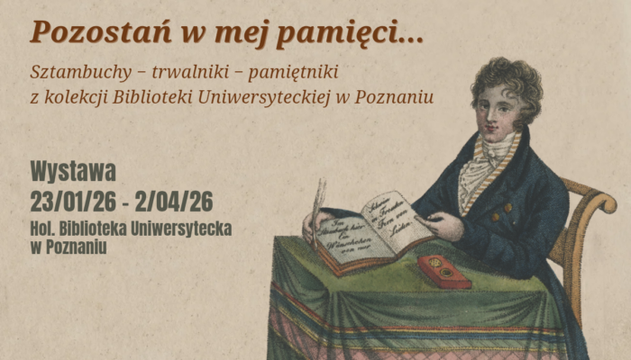 Ilustracja przedstawiająca osobę w historycznym stroju siedzącą przy stole i trzymającą otwartą książkę. Polski tekst promujący wystawę książek z autografami w Bibliotece Uniwersyteckiej w Poznaniu, od 23 stycznia do 2 kwietnia 2026 r.