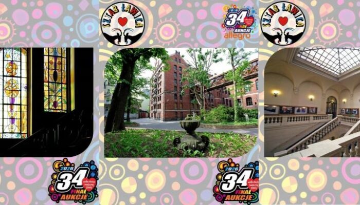 Kolaż przedstawia witraże, dziedziniec z fontanną i ceglanymi budynkami oraz wystawę sztuki w wielkiej sali. Kolorowe logo 34. Finał Aukcje pojawiają się w całym projekcie.