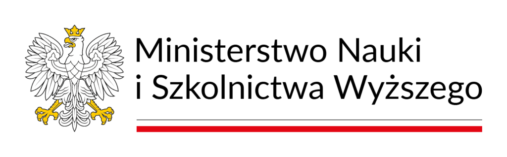 Logo polskiego Ministerstwa Nauki i Szkolnictwa Wyższego, przedstawiające białego orła ze złotą koroną, dziobem i szponami, obok napisu Ministerstwo Nauki i Szkolnictwa Wyższego oraz czerwono-czarnej linii pod spodem.