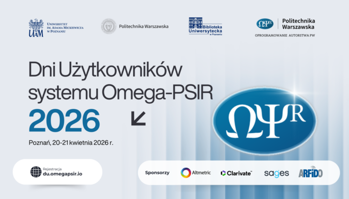 Grafika promocyjna wydarzenia Dni Użytkowników Systemu Omega-PSIR 2026, ze szczegółami wydarzenia, dużym logo Omega-PSIR, logo uczelni i sponsorów oraz datą i lokalizacją: Poznań, 20-21 kwietnia 2026 r.