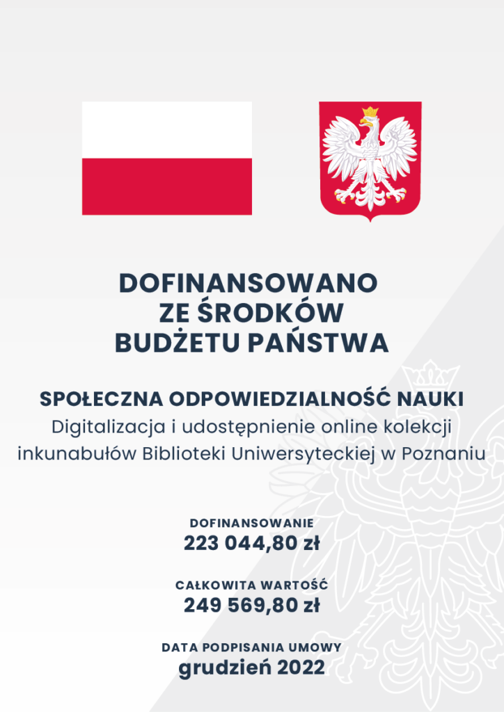 Polskojęzyczny plakat z flagą i godłem Polski, zapowiadający wsparcie finansowe państwa na digitalizację Biblioteki Uniwersyteckiej w Poznaniu, z kwotami finansowania i datą zawarcia umowy do grudnia 2022 r.