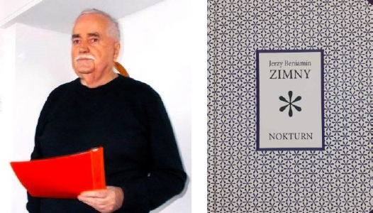 Starszy mężczyzna z siwymi włosami i wąsami, ubrany w czarny sweter, trzyma czerwoną teczkę. Obok zbliżenie okładki książki Zimny: Nokturn Jerzego Beniamina, z geometrycznym wzorem w tle.