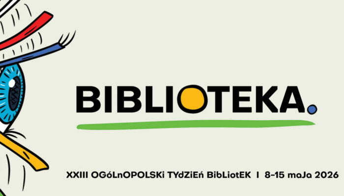 Kolorowe, stylizowane strony książki otwierają się po lewej stronie, z wytłuszczonym napisem "BIBLIOTEKA" pośrodku. Tekst poniżej oznacza Tydzień Bibliotek 2026, a pionowe słowa "odkryWasz" i "twiERASz" pojawiają się po prawej stronie z kolorowymi kropkami.