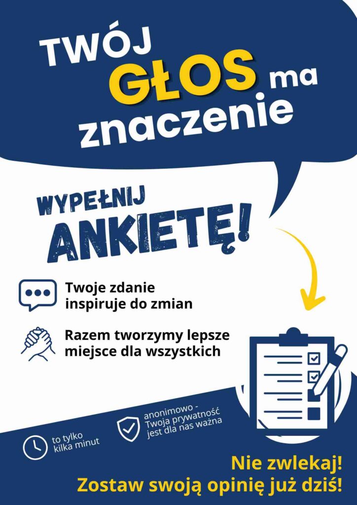 Twój głos ma znaczenie. Plakat zachęcający do wypełnienia ankiety. Zawiera ikony opinii, pracy zespołowej i czasu oraz listę kontrolną z długopisem. Tekst promuje uczestnictwo.