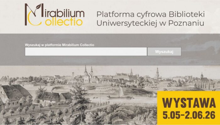 Zrzut ekranu platformy biblioteki cyfrowej Mirabilum Collectio przedstawiający pasek wyszukiwania, historyczną ilustrację miasta i żółty baner zapowiadający wystawę od 5 maja do 2 czerwca 2026 r.