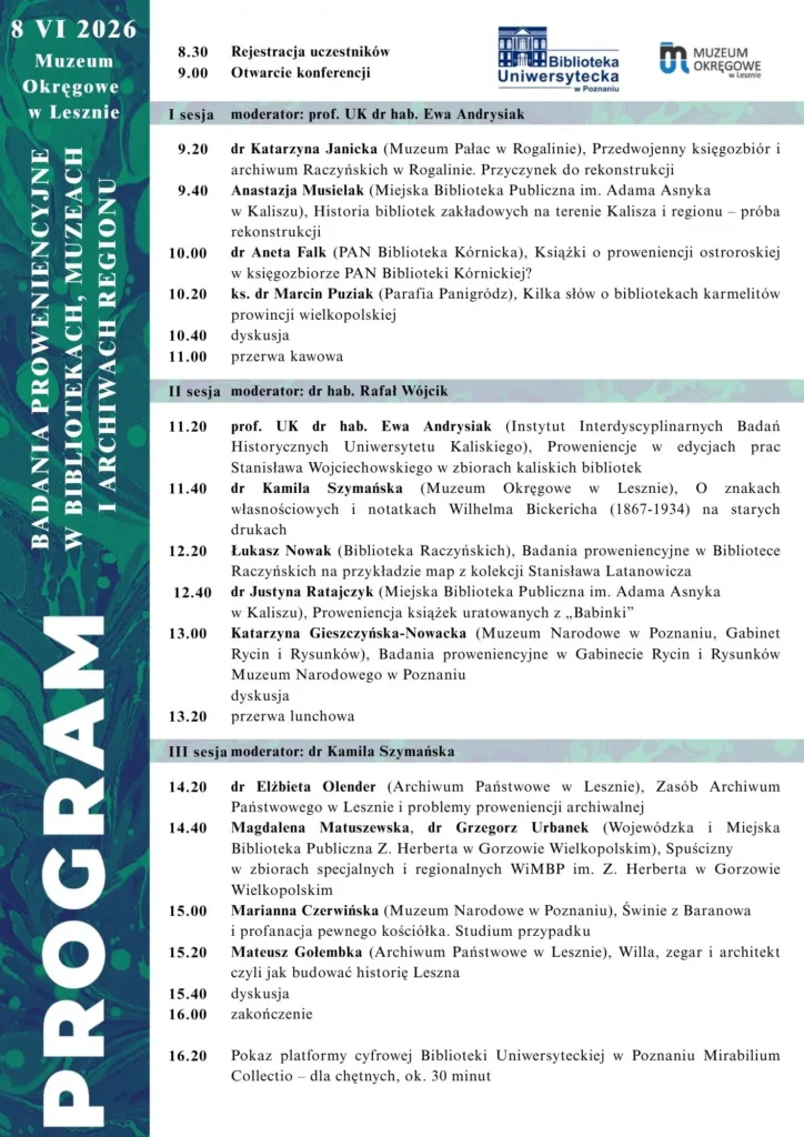 Plakat programu konferencji z niebiesko-zielonym abstraktem po lewej stronie. W programie wymieniono prelegentów, tytuły i godziny (od 9:20) sesji poświęconej badaniom bibliotecznym i archiwalnym, która odbyła się 17 października 2023 r.
