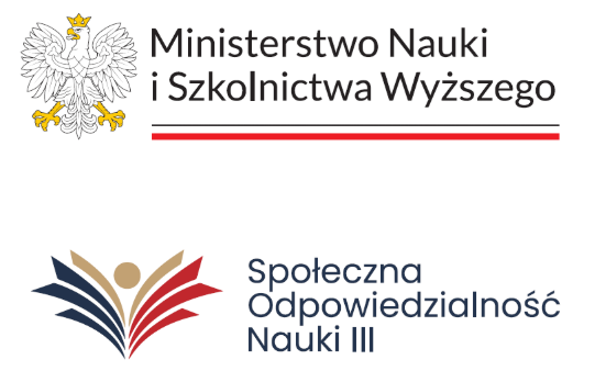 Logo polskiego Ministerstwa Nauki i Szkolnictwa Wyższego z herbem przedstawiającym białego orła nad napisem, a poniżej logo ze stylizowanymi stronami książki oraz napisem „Społeczna Odpowiedzialność Nauki III” umieszczonym obok.