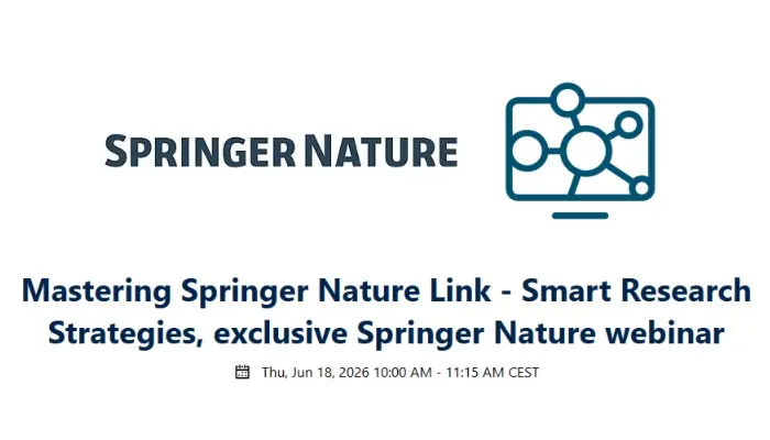 Logo Springer Nature i ikona sieci nad tekstem: Mastering Springer Nature Link - Smart Research Strategies, ekskluzywne webinarium Springer Nature, Thu, Jun 18, 2026 10:00 AM - 11:15 AM CEST.