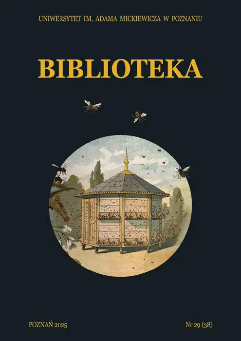Konstrukcja przypominająca altanę, otoczona pszczołami, na tle w stylu vintage. Napis powyżej brzmi „BIBLIOTEKA” i zawiera wzmiankę o Uniwersytecie im. Adama Mickiewicza w Poznaniu.