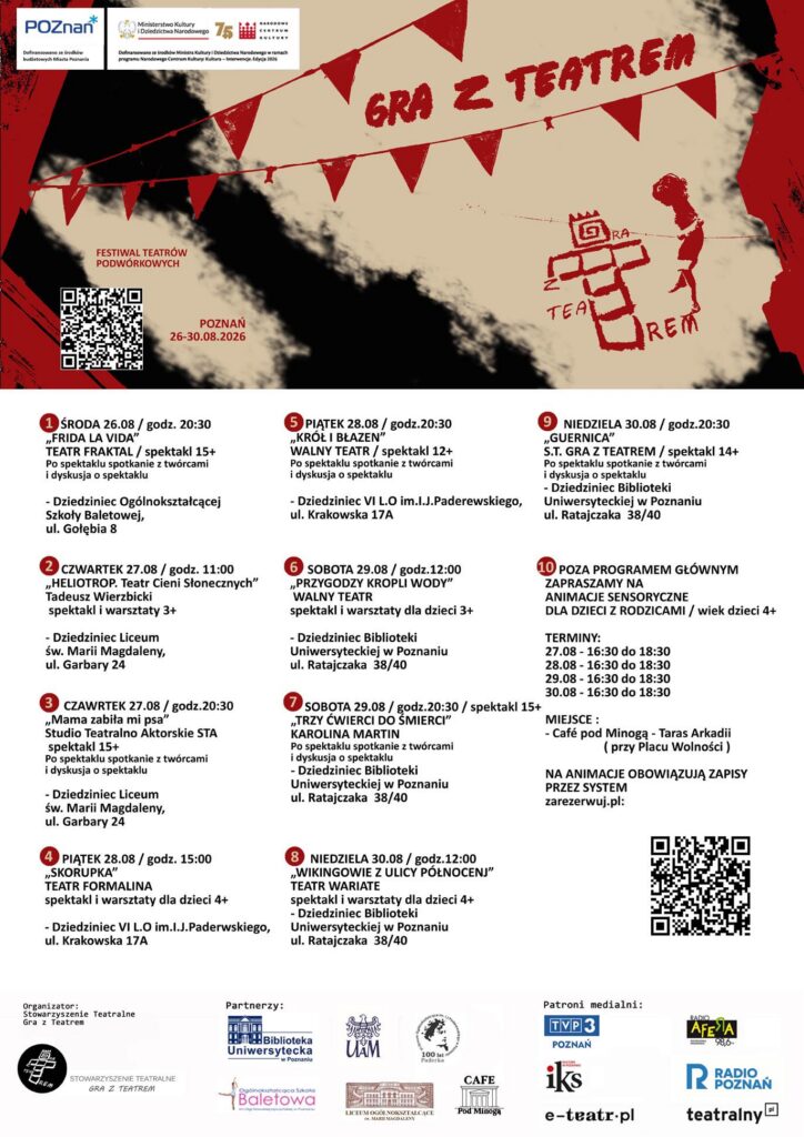 Plakat festiwalowy „Gra z Teatrem” w Poznaniu, zawierający daty, godziny i miejsca przedstawień teatralnych oraz informacje o wykonawcach, na beżowym tle z czerwonymi akcentami i czarnym tekstem, a także logo oraz stylizowaną grafikę przedstawiającą maskę.