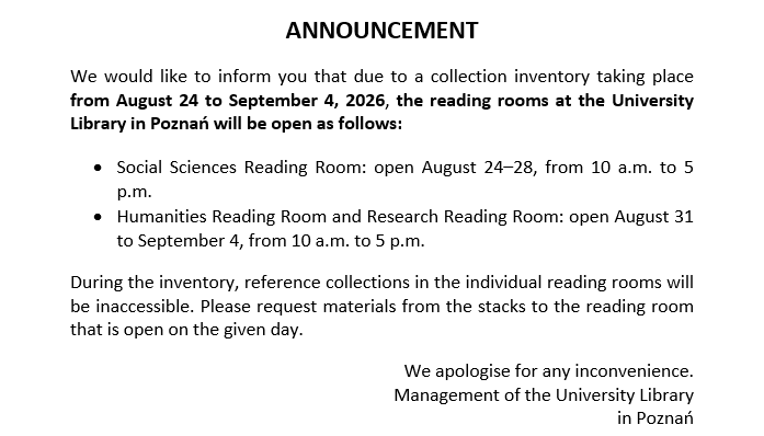 A notice about University Library reading room schedules from August 24 to September 4, 2026, due to inventory; includes specific opening dates, hours, and an apology for inconvenience.