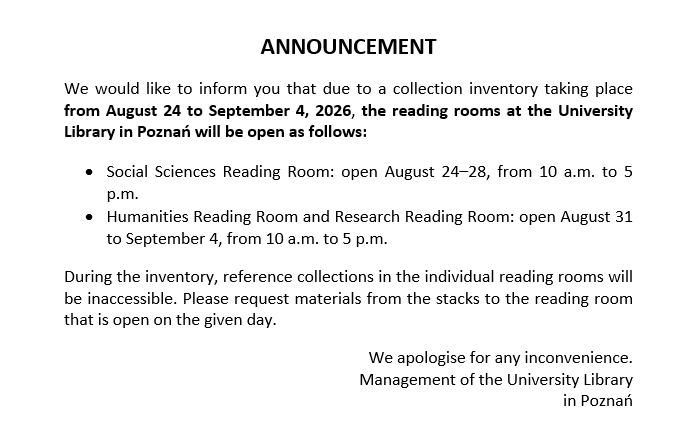 A notice about University Library reading room schedules from August 24 to September 4, 2026, due to inventory; includes specific opening dates, hours, and an apology for inconvenience.