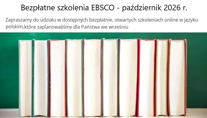 Pod tekstem w języku polskim, dotyczącym bezpłatnych szkoleń EBSCO w październiku 2026 r., widoczny jest rząd starannie ułożonych książek z pastelowymi okładkami.