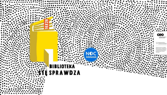 Grafika przedstawiająca żółtą ikonę książki, napis BIBLIOTEKA SIĘ SPRAWDZA oraz NOC bibliotek, a także logo Centrum Edukacji Obywatelskiej i Ministerstwa Kultury i Dziedzictwa Narodowego.