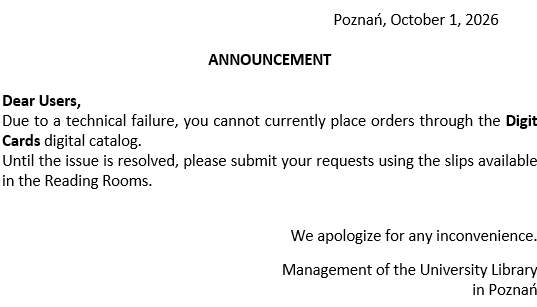 Announcement from the University Library in Poznań dated October 1, 2026, stating that the Digit Cards digital catalog is unavailable due to a technical failure and directing users to submit requests via slips in the Reading Rooms.