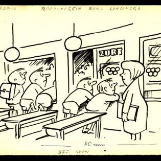 A classroom scene with students lining up to speak to a teacher at her desk, while others sit at desks; school supplies are visible, and a window shows the word ŻURT. The caption below reads Bez słów..